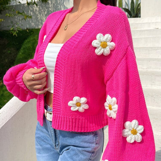 Damen Cropped-Cardigan aus Baumwollmix mit 3D-Blütenapplikationen Shop Nory