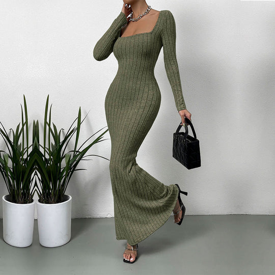 Damen geripptes Sculpting-Maxikleid mit Quadratausschnitt und taillierter Meerjungfrauen‑Silhouette Shop Nory