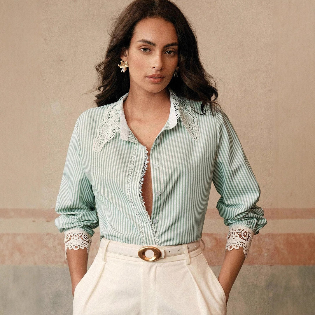 Damen Gestreifte Bluse mit Spitzenkragen und Spitzeneinsätzen Shop Nory