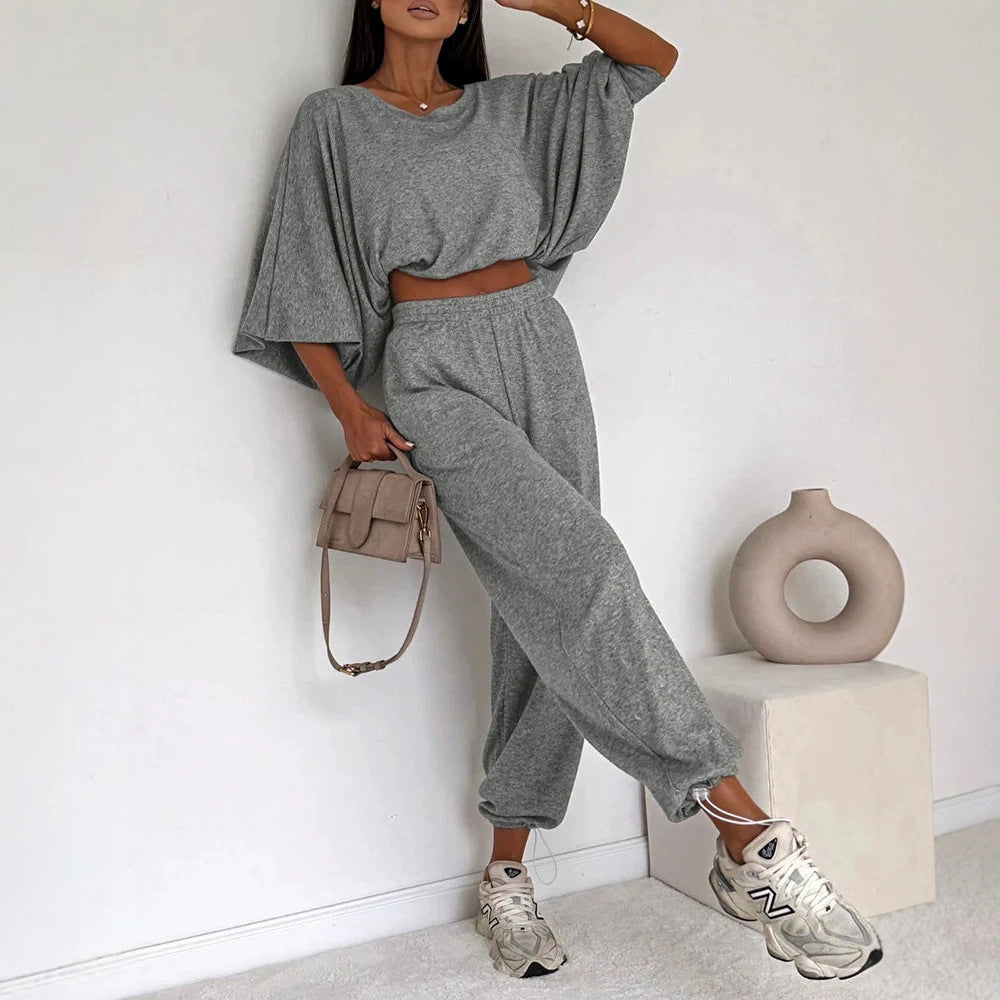 Damen Lässiges Strick-Lounge-Set mit Fledermausärmeln und High-Waist-Joggpants Shop Nory
