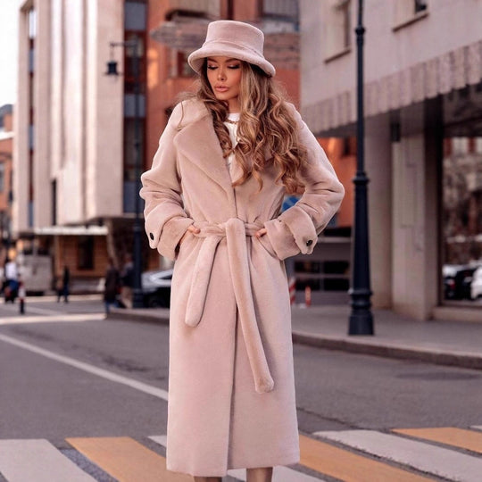 Damen Eleganter Maxi-Wollmantel mit Taillengürtel, breitem Revers und krempelbaren Manschetten Shop Nory