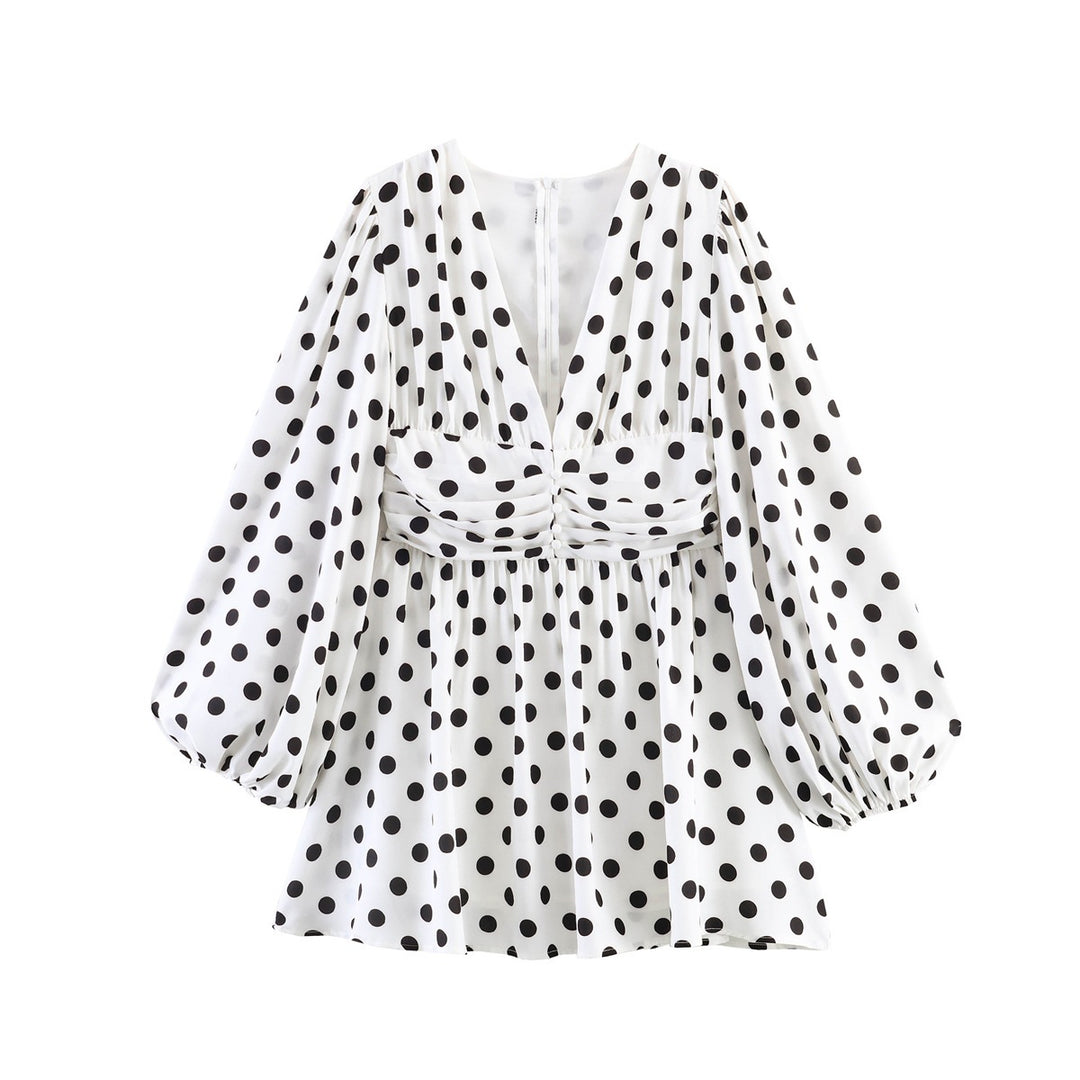 Damen Gepunktete Bluse mit tiefem V‑Ausschnitt, geraffter Taillenpartie und voluminösen Ballonärmeln Shop Nory