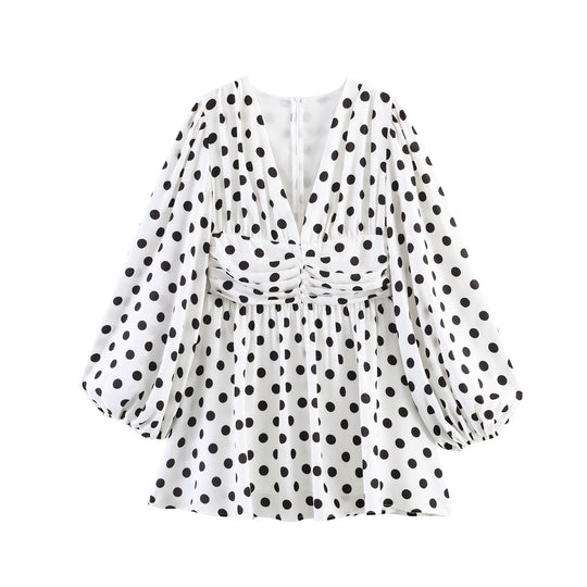 Damen Gepunktete Bluse mit tiefem V‑Ausschnitt, geraffter Taillenpartie und voluminösen Ballonärmeln Shop Nory