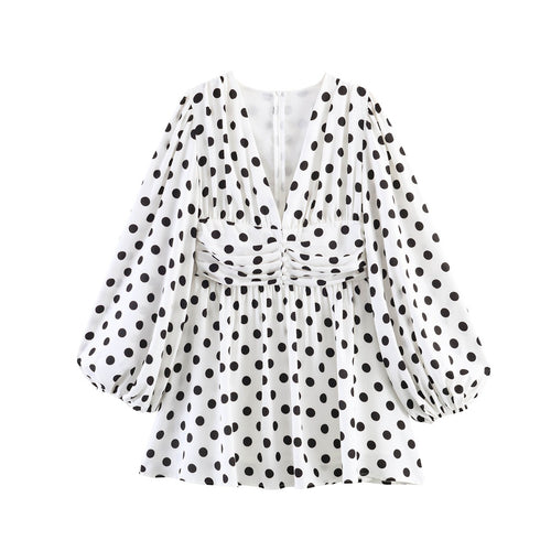 Damen Gepunktete Bluse mit tiefem V‑Ausschnitt, geraffter Taillenpartie und voluminösen Ballonärmeln Shop Nory