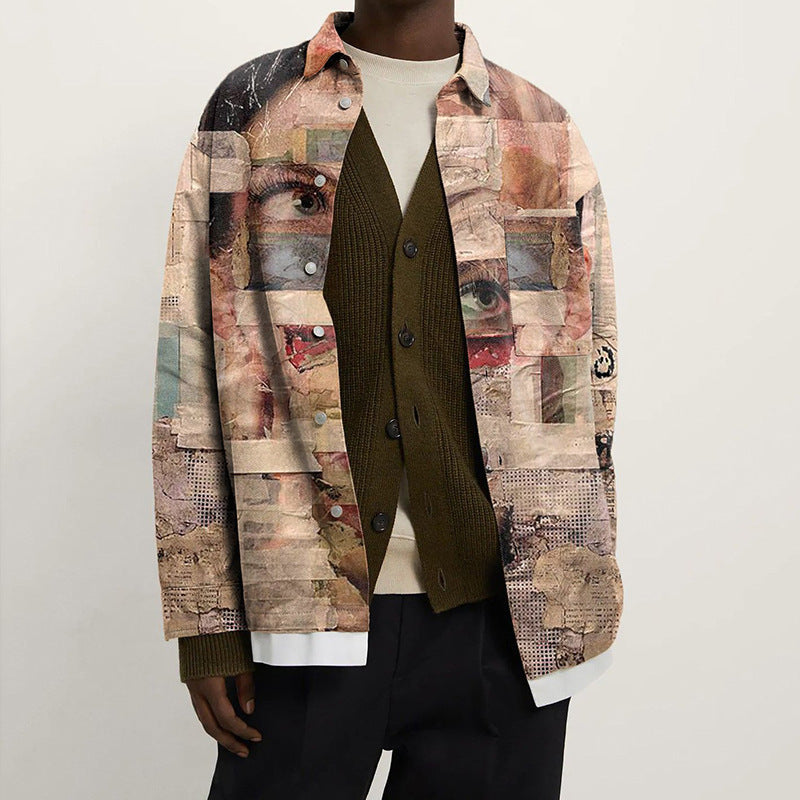 Damen Oversized Wolloptik-Überhemd mit asymmetrischem Vogelprint und Pattentasche Shop Nory