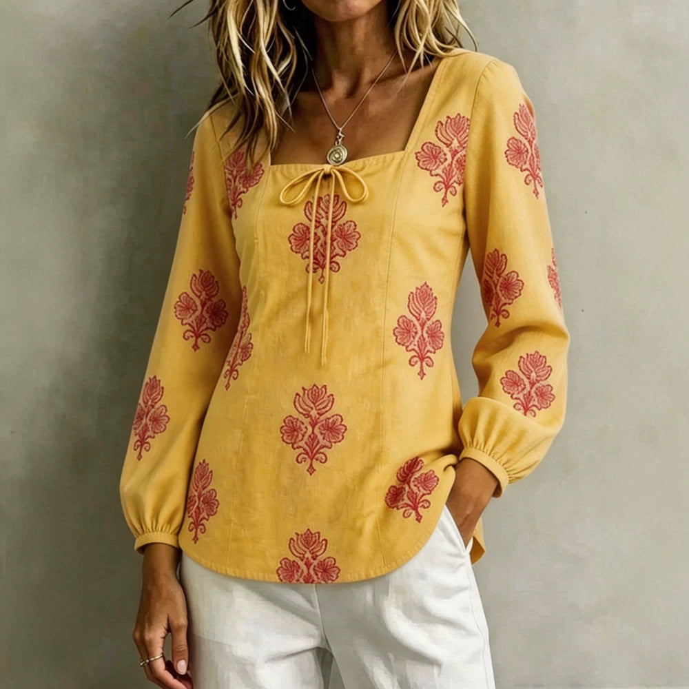 Damen Bestickte Tunika-Bluse mit quadratischem Ausschnitt und femininen Ballonärmeln Shop Nory