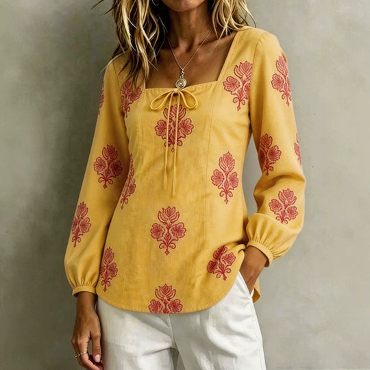 Damen Bestickte Tunika-Bluse mit quadratischem Ausschnitt und femininen Ballonärmeln Shop Nory