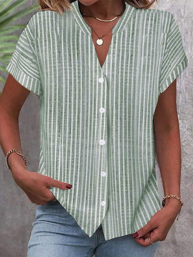 Damen Kurzarm-Bluse mit V-Ausschnitt und Streifenmuster