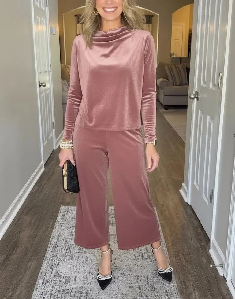 Damen Elegantes Samt-Zweiteiler mit Wasserfallkragen und weiter Culotte-Hose Shop Nory
