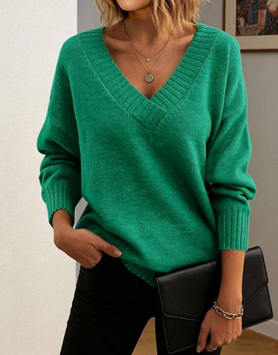 Damen Feinstrickpullover mit tiefem V-Ausschnitt und überschnittener Schulter Shop Nory
