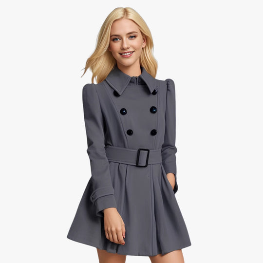 Damen nan taillierter Doppelreiher-Mantel mit ausgestelltem Rock, taillierendem Gürtel und strukturierten Schultern Shop Nory