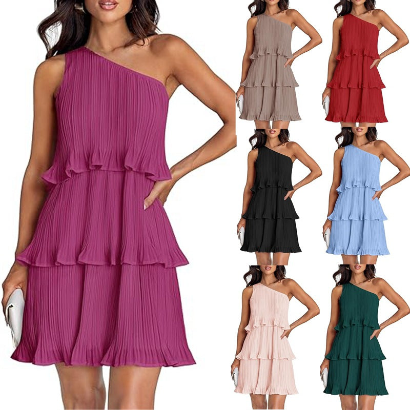 Damen Ärmelloses plissiertes Stufenkleid mit asymmetrischer Schulterpartie Shop Nory