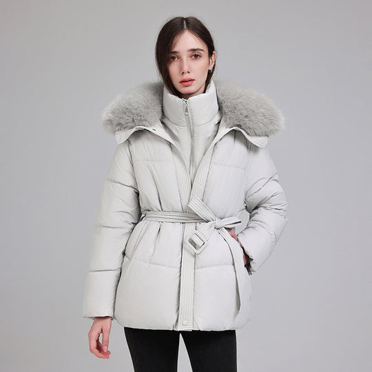 Damen nan luxuriöse kurze Pufferjacke mit integriertem Windschutzkragen und Taillengürtel Shop Nory