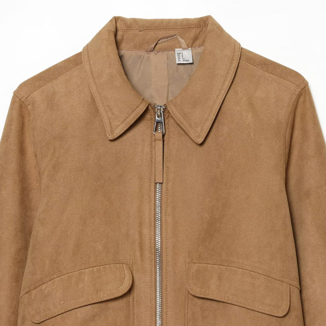 Damen Kurzjacke in Wildlederoptik Bomber mit Reißverschluss, Pattentaschen und Rippbündchen Shop Nory
