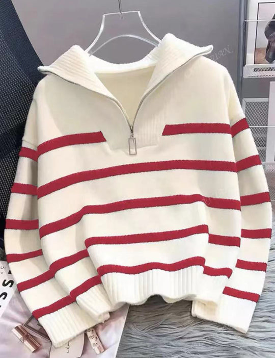 Damen Gestreifter Halb-Reißverschluss Strickpullover mit Rippenkragen Shop Nory