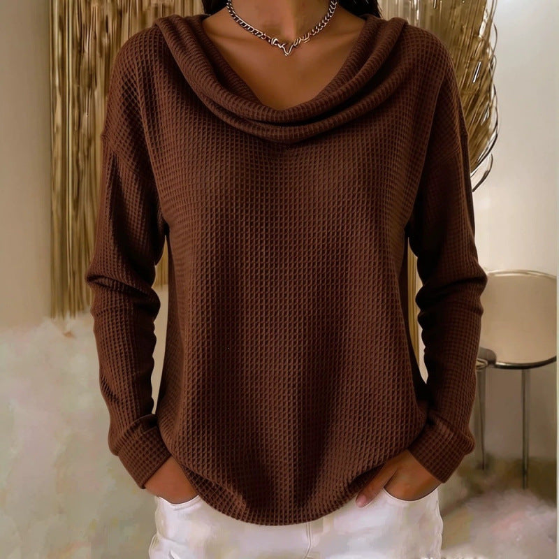 Damen Lässiger Waffelstrick-Pullover mit weitem Wasserfallkragen und gerundetem Saum Shop Nory