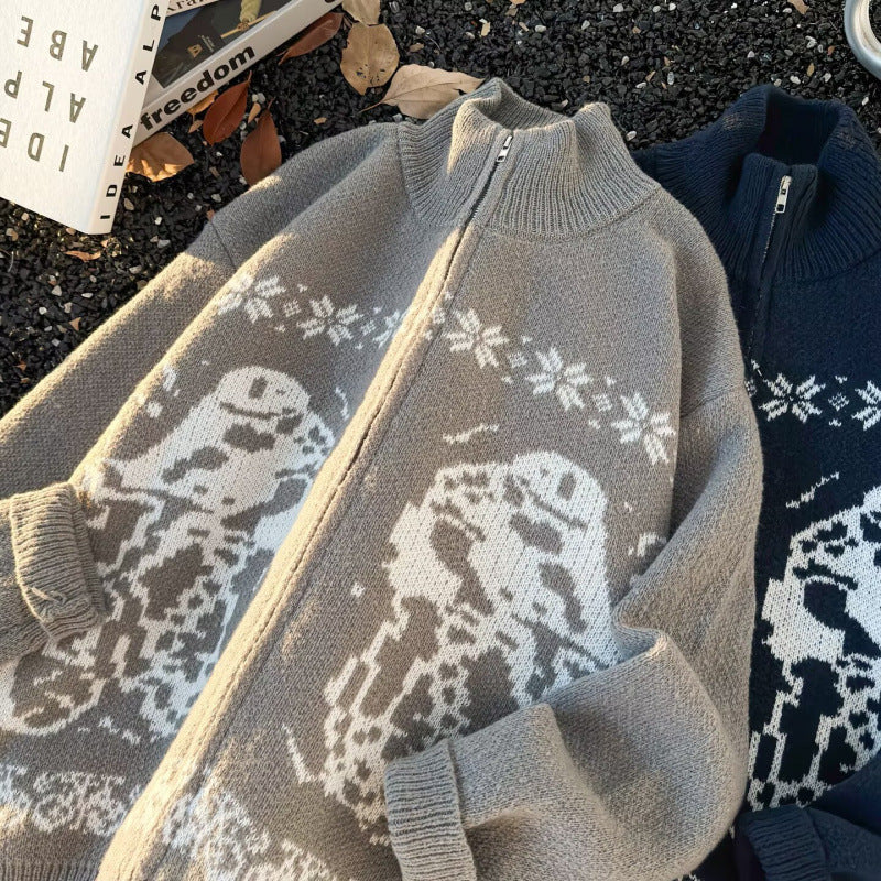 Unisex Übergroße Strickjacke mit durchgehendem Reißverschluss, hohem Rippkragen und Eulen-Intarsien Shop Nory