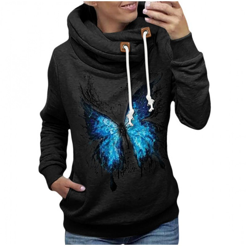 Damen Kapuzenpullover mit hohem Schlauchkragen, Kängurutasche und Schmetterlingsprint Shop Nory