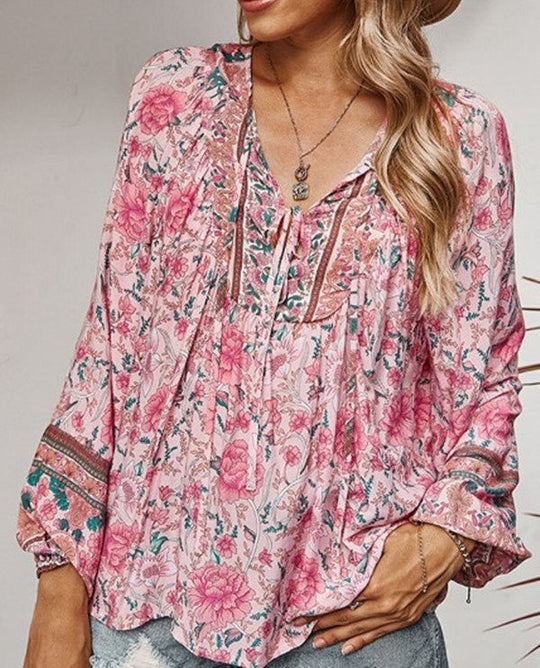 Damen Boho-Bluse mit floralem Print, V‑Ausschnitt mit Bindeband und Plissée-Details Shop Nory