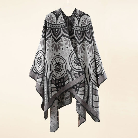 Damen Wollmix-Umhangponcho mit ornamentaler Jacquardstruktur und offenem Fall Shop Nory