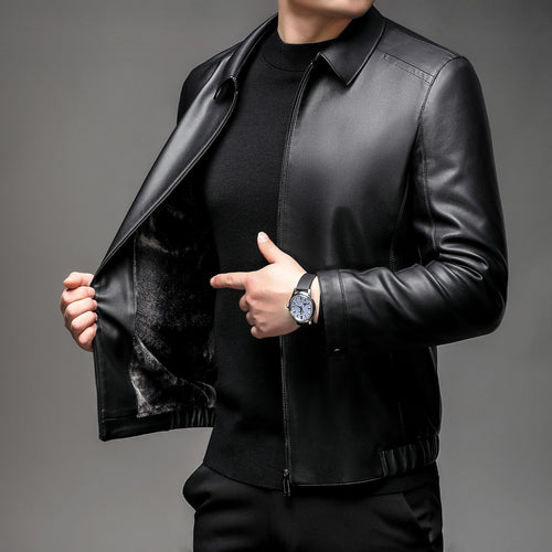 Herren Glatte Kunstlederjacke mit wärmendem Kunstfellfutter, Hemdkragen und elastischem Saum Shop Nory