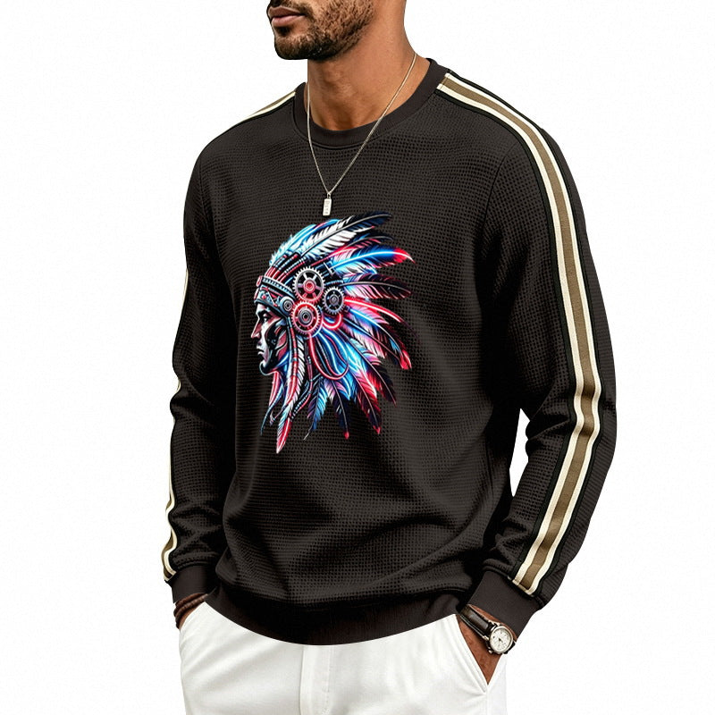 Herren Sweatshirt mit stilisiertem Kopfschmuck-Print und Kontraststreifen an den Ärmeln Shop Nory