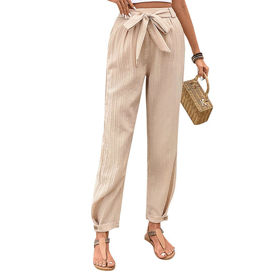 Damen Leichte Paperbag-Hose mit Taillenschleife, geradem Bein und Krempelbund Shop Nory