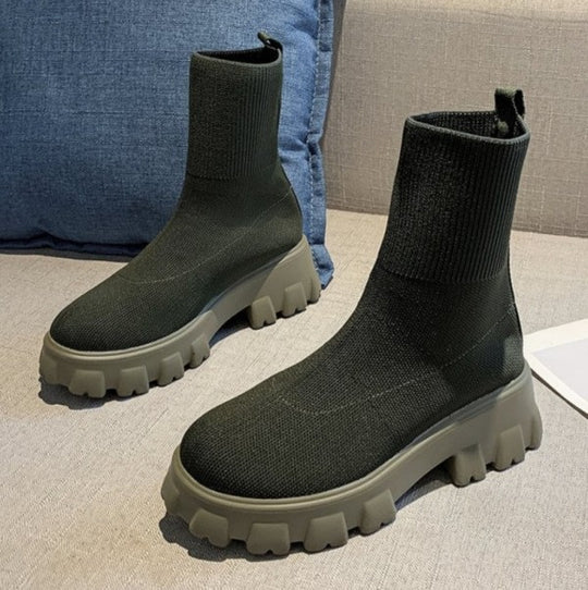 Damen Strick-Sock-Boots mit elastischem Schaft und kontrastierender Profilplateau-Sohle Shop Nory