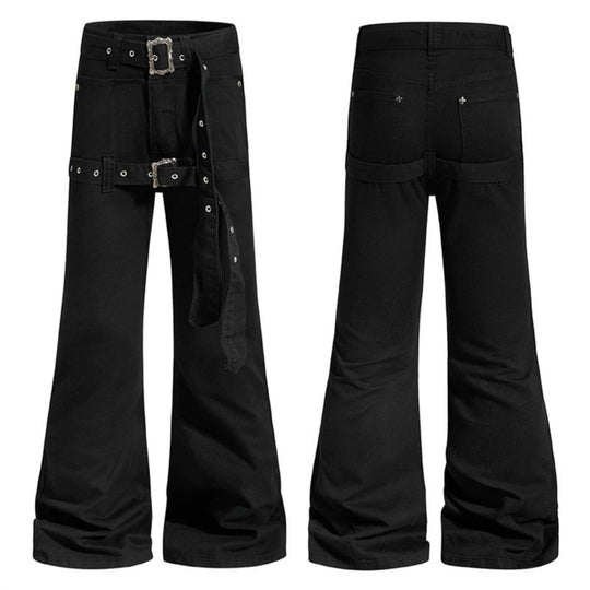 Damen High‑Waist Schlag-Cargohose mit weitem Bein, Doppelgürtel und Metallösen Shop Nory