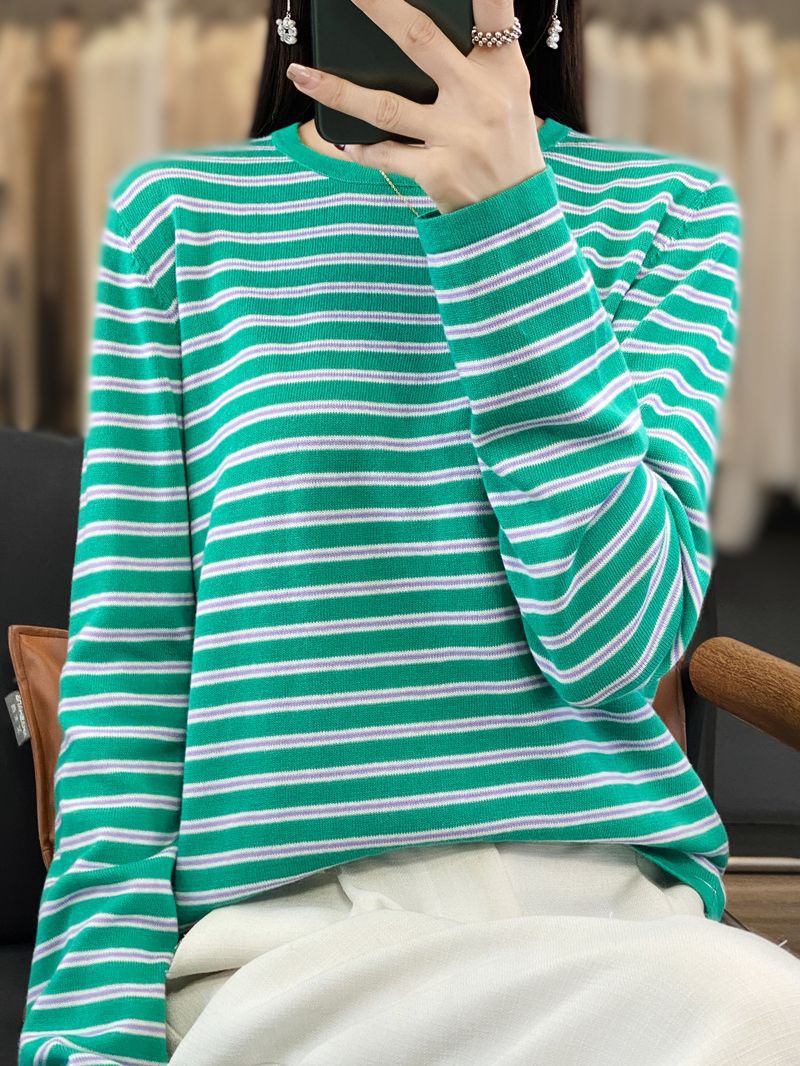 Damen Leichter Baumwollmix-Streifenpullover mit Rundhals, Raglanärmeln und lässiger Silhouette Shop Nory