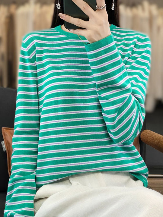 Damen Leichter Baumwollmix-Streifenpullover mit Rundhals, Raglanärmeln und lässiger Silhouette Shop Nory