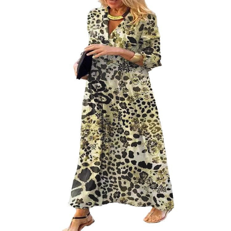 Damen Maxikleid im Hemdblusenstil mit Leopardenmuster, V-Ausschnitt und Dreiviertelärmeln Shop Nory