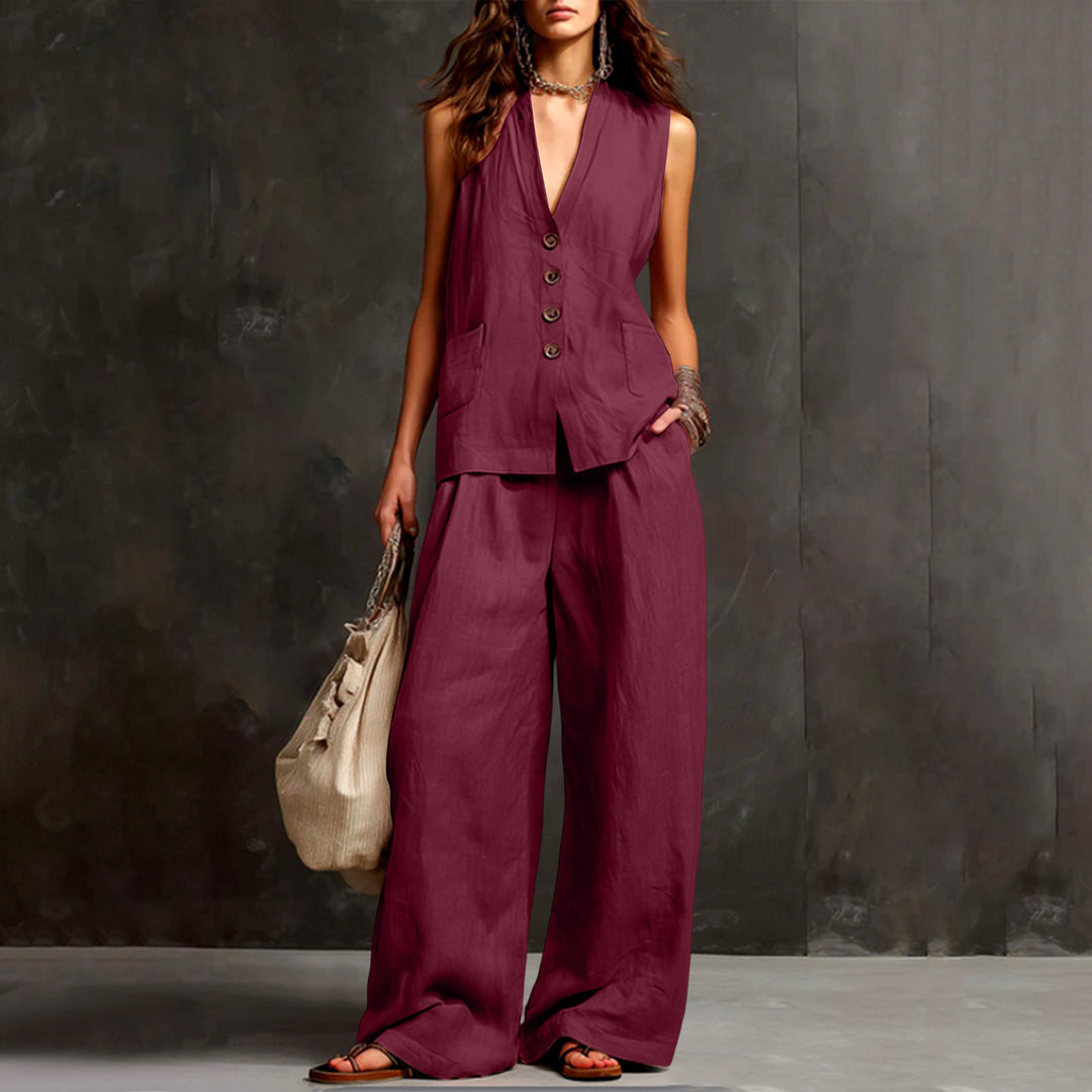 Damen Ärmelloses Longline-Westen und Palazzo-Hosen Set aus Leinenoptik Shop Nory