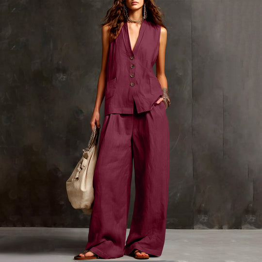 Damen Ärmelloses Longline-Westen und Palazzo-Hosen Set aus Leinenoptik Shop Nory