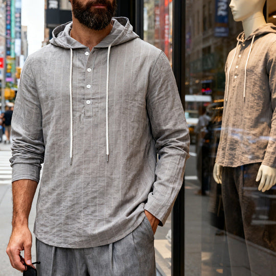 Herren nan Kapuzenshirt aus Leinenmix mit halber Knopfleiste und Nadelstreifen
