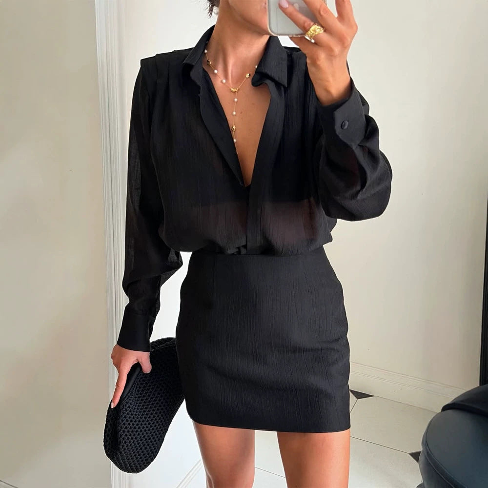 Damen Zweiteiliges feines Crinkle-Chiffon-Set mit Hemdbluse und Wickel-Volant-Minirock Shop Nory
