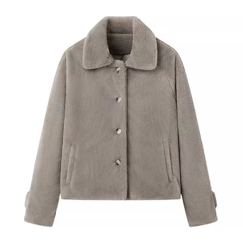 Damen Kurz geschnittene Teddy‑Fleecejacke mit Hemdkragen, verdeckter Knopfleiste und Eingrifftaschen Shop Nory