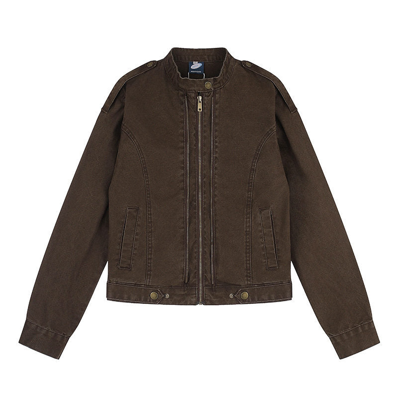 Damen Kurz geschnittene Utility-Jacke mit Stehkragen und Schulterklappen Shop Nory