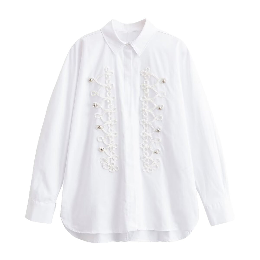 Damen Oversized-Bluse mit dekorativen Froschverschlüssen und Hemdkragen Shop Nory