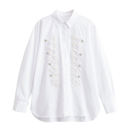 Damen Oversized-Bluse mit dekorativen Froschverschlüssen und Hemdkragen Shop Nory