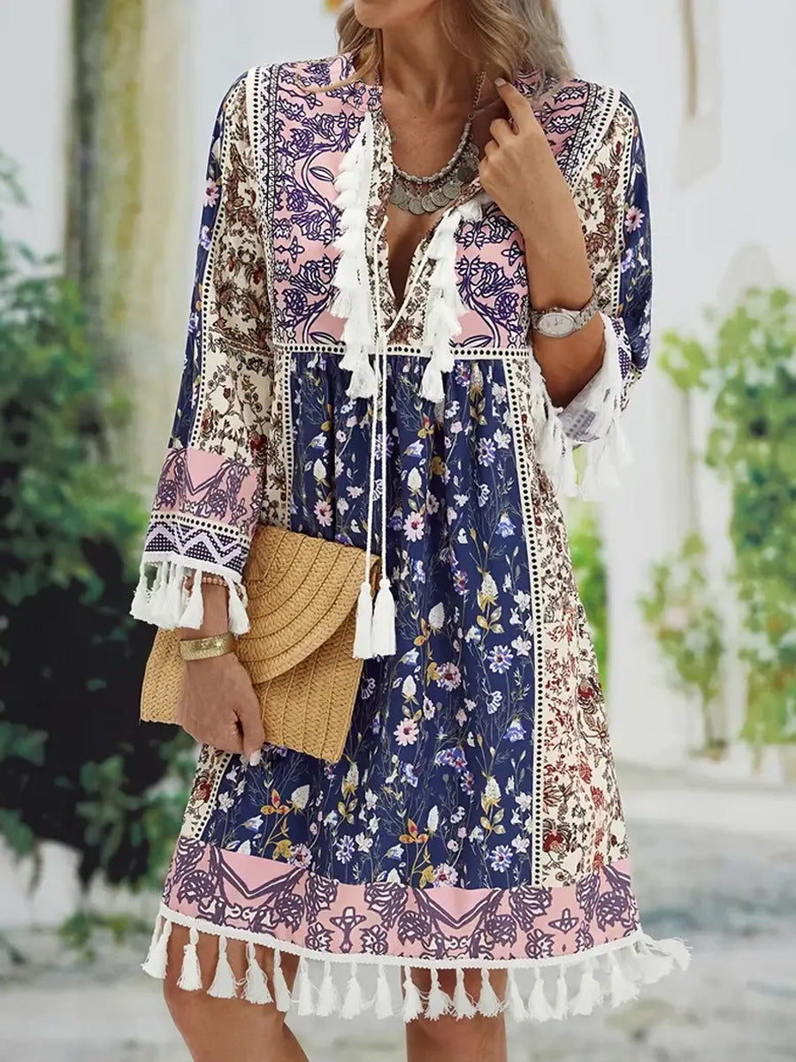 Damen Boho-inspiriertes Tunika-Kleid mit eleganten Fransen Shopnory