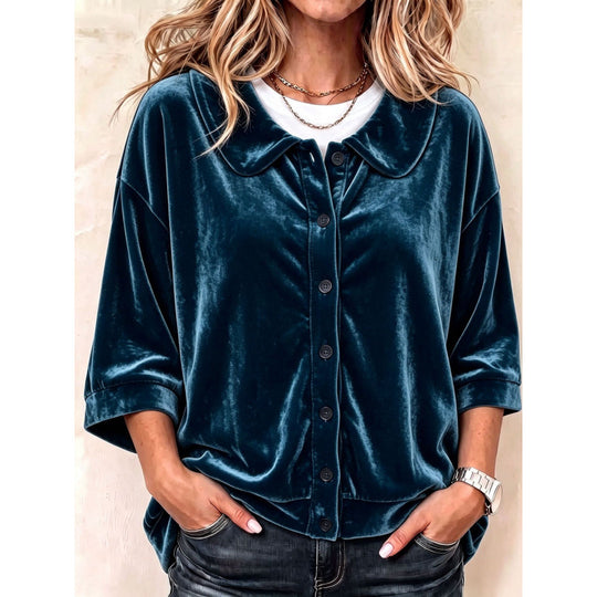Damen Samt-Button-Down-Hemdbluse mit abgerundetem Kragen Shop Nory