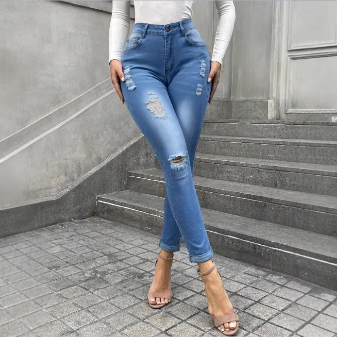 Damen Shaping-Skinny-Jeans im Used-Look mit hohem Bund und Stretchform Shop Nory