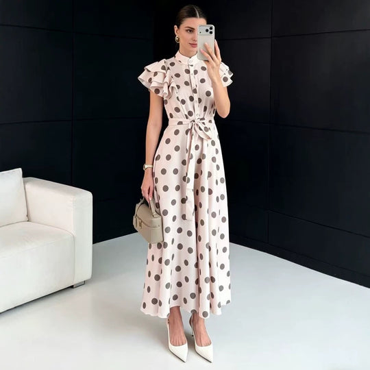 Damen Gepunktetes Maxikleid mit Stehkragen, Volantärmeln und Bindegürtel Shop Nory