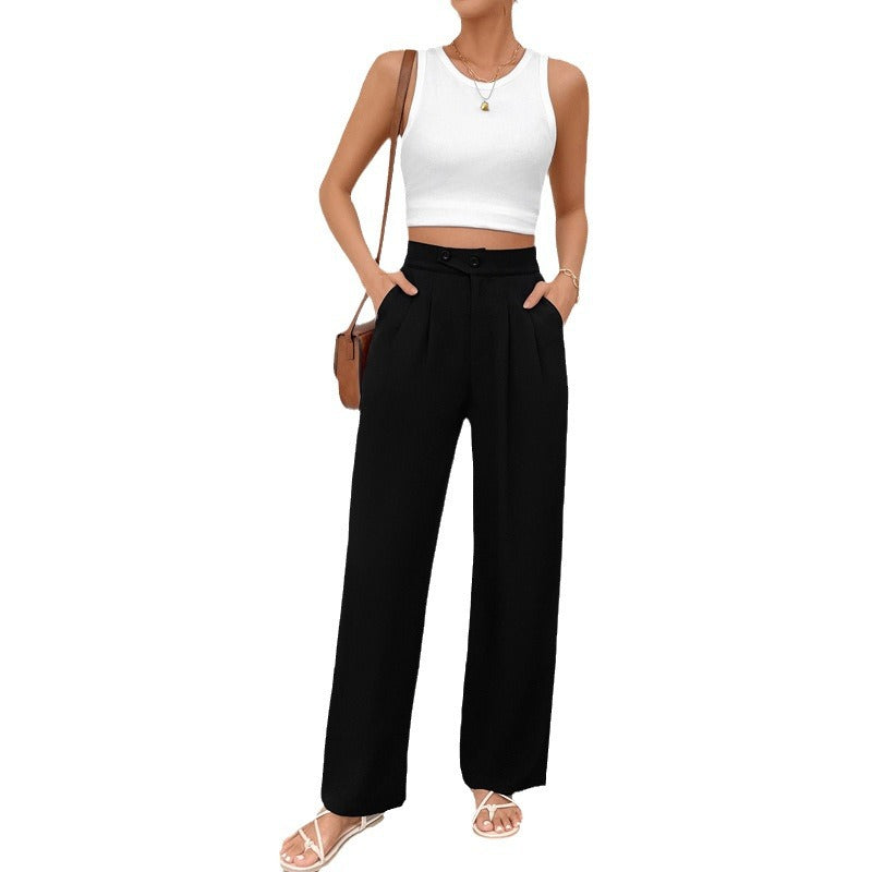 Damen Weite Bundfalten-Hose mit hoher Taille und Knopfdetail Shop Nory