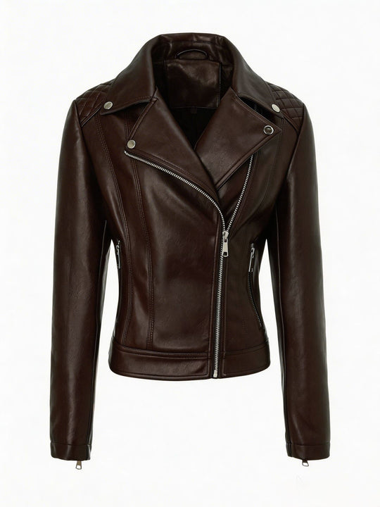 Damen taillierte Biker-Lederjacke mit Stepp-Schultern und asymmetrischem Reißverschluss Shop Nory