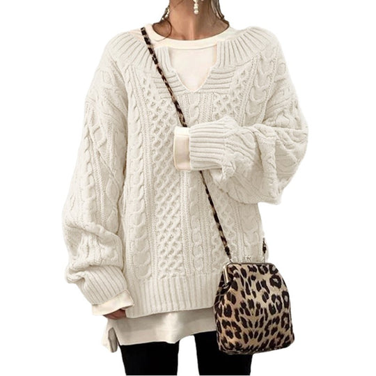 Damen nan weit geschnittener Strickpullover mit Zopfmuster und V-Ausschnitt Shop Nory
