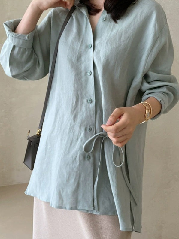 Damen Locker geschnittene Leinen‑Hemdbluse mit Stehkragen, Tunnelzug‑Taille und durchgehender Knopfleiste Shop Nory