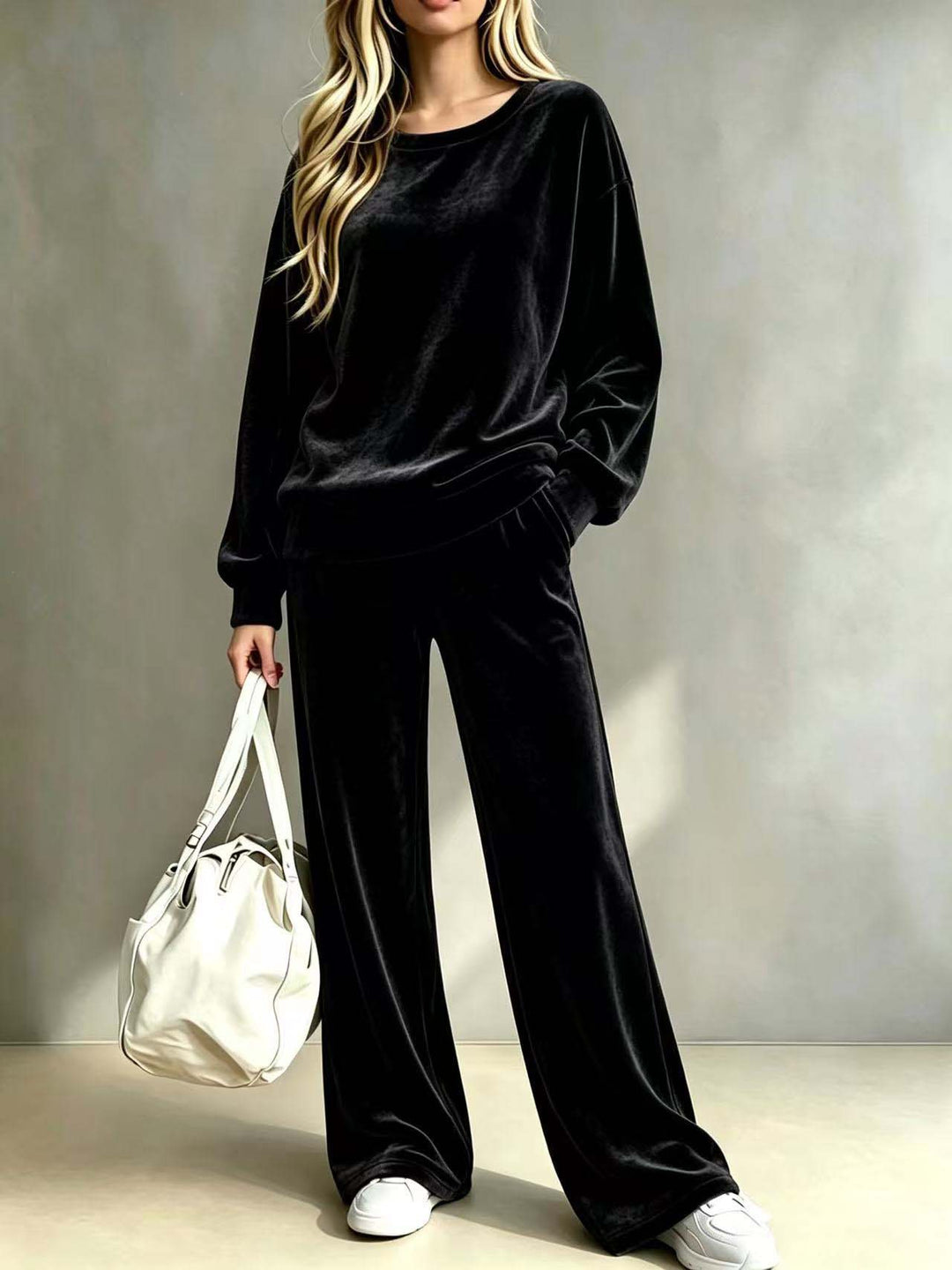 Damen Weiches Velours-Loungewear-Set mit weitem Bein und Rundhalsausschnitt Shop Nory
