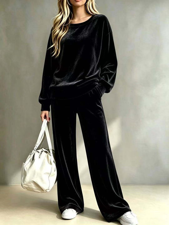 Damen Weiches Velours-Loungewear-Set mit weitem Bein und Rundhalsausschnitt Shop Nory